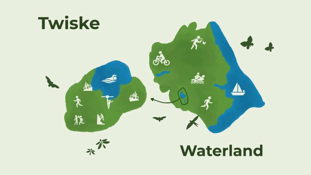Illustratie omgeving Twiske-Waterland met vele iconen ter illustratie van de activiteiten